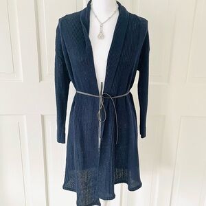 Tory Burch navy blue long linen cardigan with leather belt XS